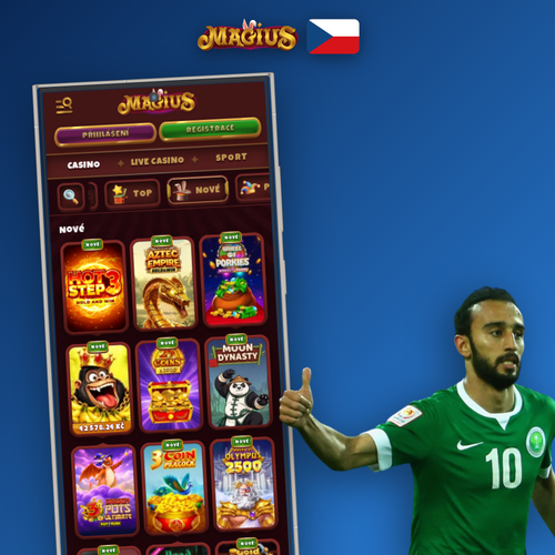 Magius Casino aplikace v ruce na mobilním telefonu s fialovo-zlatým designem
