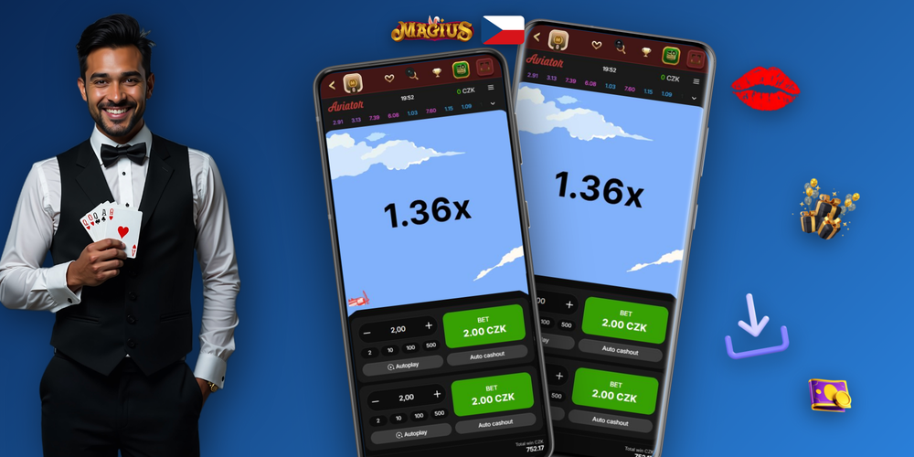 Panoramatický záběr Aviator Magius Casino – letadlo stoupá s křivkou a polem pro sázku
