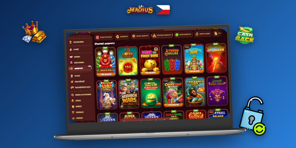 Magius Casino do počítače v celoobrazovkovém režimu s dlaždicemi her a menu kategorií