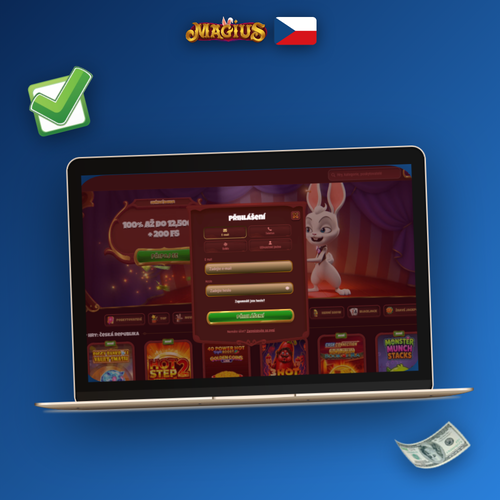 Magius Casino registrace – přihlašovací formulář na mobilu i desktopu s tlačítkem Registrace
