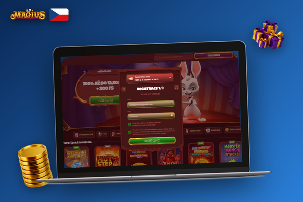 Magius Casino registrace krok za krokem – formulář s polem pro e-mail a měnou CZK na notebooku